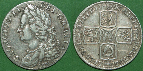 George II 1745 old head LIMA shilling, lightly toned with even wear to both sides an a couple of trivial marks. Grades very fine and the price is £125.