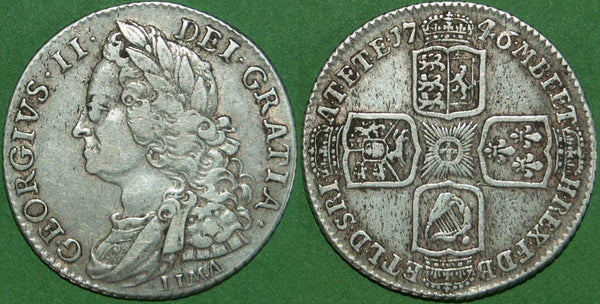 George II 1746 LIMA shilling. The better of the two dates and scarce. Lightly toned with wear to the high points of both sides and a small scratch to the hair. The grade is almost very fine and the price is £175.
