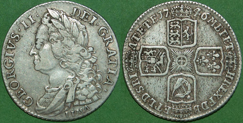 George II 1746 LIMA shilling. The better of the two dates and scarce. Lightly toned with wear to the high points of both sides and a small scratch to the hair. The grade is almost very fine and the price is £175.