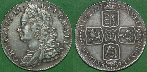 George II 1751 old head shilling. Light wear to the hair and a good example of this very rare date. Toned, nearly extremely fine and the price is £1250.
