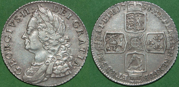 George II 1758 old head shilling. The last issue of the reign. Even wear to both sides, with a hint of toning to the reverse. The grade is very fine and the price is £70.