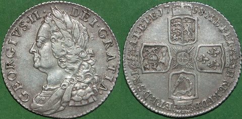 George II 1758 old head shilling. The last issue of the reign. Even wear to both sides, with a hint of toning to the reverse. The grade is very fine and the price is £70.