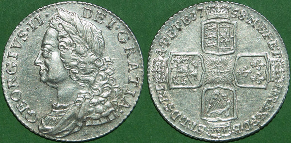 George II 1758 old head shilling. It has been dripped and is bright. There is wear to the laurels and the hair, but less to the reverse. The grade is extremely fine with the obverse nearly so. The price is £200.