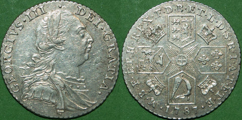 George III 1787 no hearts shilling with light wear to both sides and some haymarking on the reverse.. The grade is good very fine and the price is £80.
