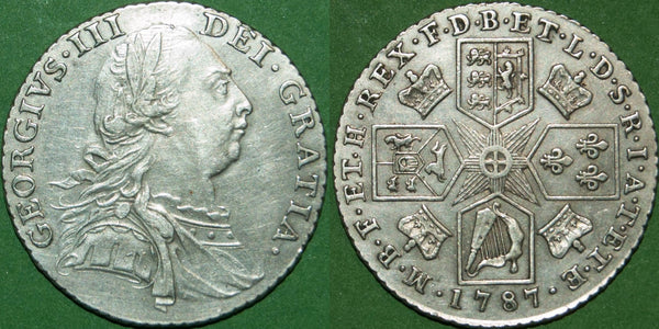 George III 1787 no hearts shilling. The coin has been cleaned, but otherwise is a bold very fine with the reverse better and good very fine. The price is £95.