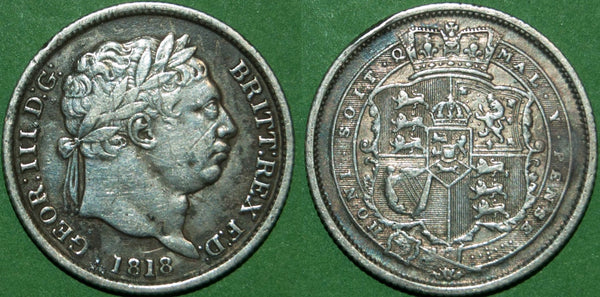 George III 1818 shilling with higher 8 in the date. Cleaned and scratched, but a scarce variety. The obverse is good fine, and the reverse very fine. The price is £30.
