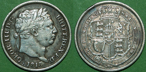 George III 1818 shilling with higher 8 in the date. Cleaned and scratched, but a scarce variety. The obverse is good fine, and the reverse very fine. The price is £30.