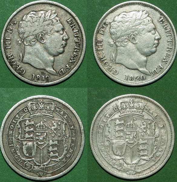 George III 1819 and 1820 shilling. Both worn and fine, the second with an unbarred H in HONI. The price is £30.