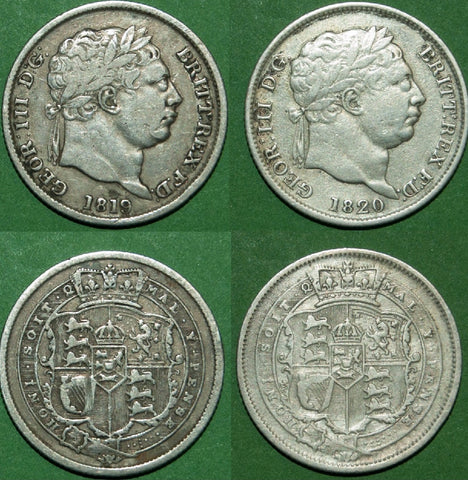 George III 1819 and 1820 shilling. Both worn and fine, the second with an unbarred H in HONI. The price is £30.