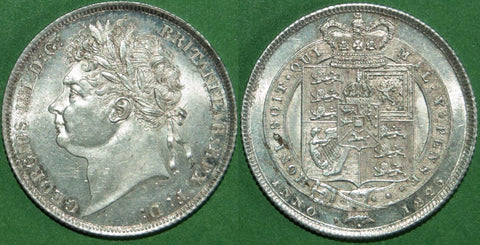George IV 1825 second issue shilling. Practically as struck, A couple of spots to the reverse. Uncirculated and the price is £550.