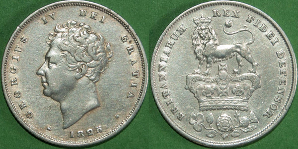 George IV 1825 third issue bare head shilling. Moderate wear to both sides and very fine. The price is £45.