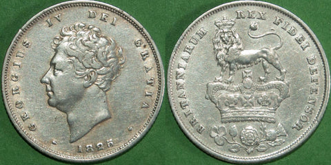 George IV 1825 third issue bare head shilling. Moderate wear to both sides and very fine. The price is £45.