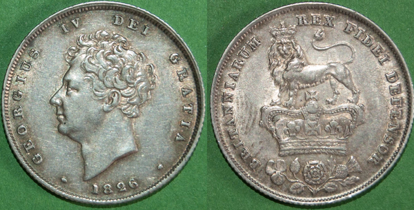 George IV 1826 third issue shilling with light wear only and toned. Grades good very fine and the price is £70.