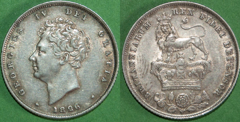 George IV 1826 third issue shilling with light wear only and toned. Grades good very fine and the price is £70.