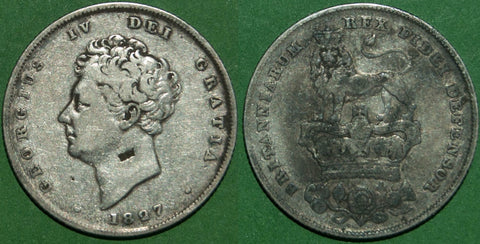 George IV 1827 shilling. Worn, dirty and countermarked on the neck, but the key date. Grades fine with the reverse better. The price is £40.