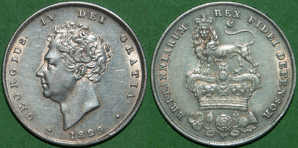 George IV 1829 shilling. Light wear to the higher points and nearly extremely fine. The price is £150.