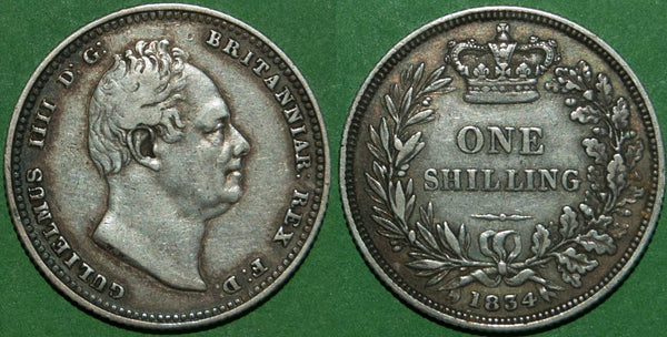 William IV 1834 shilling. Toned with wear to the higher points, better than very fine. The price is £90.