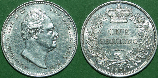 William IV 1835 shilling. Bright with a little wear and a thin hairline through the bust. The grade is better than extremely fine and the price is £250.