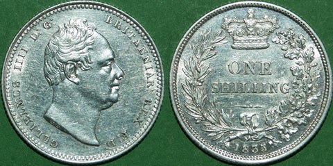 William IV 1835 shilling. Bright with a little wear and a thin hairline through the bust. The grade is better than extremely fine and the price is £250.