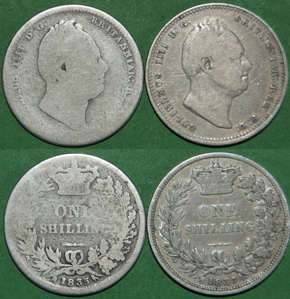 William IV 1835 & 1837 shillings. Both low grade, the first poor-fair, the second fine but rare. The price is £40.