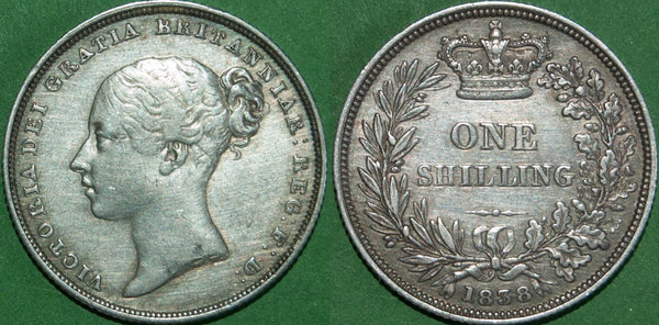 Victoria 1838 first young head shilling with WW raised on the truncation. Moderate wear to teh obverse which is very fine, the reverse half a grade better. The price is £85.