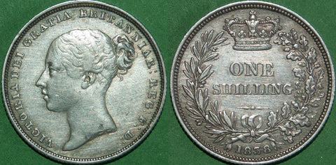 Victoria 1838 first young head shilling with WW raised on the truncation. Moderate wear to teh obverse which is very fine, the reverse half a grade better. The price is £85.