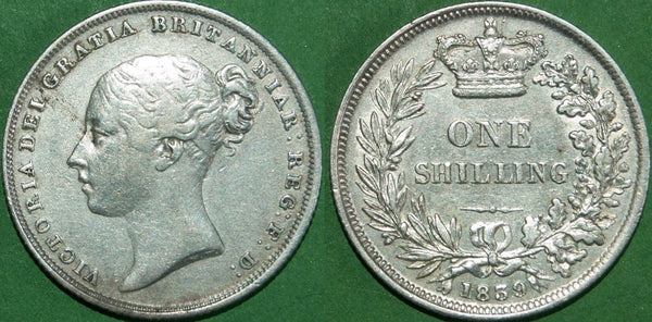 Victoria 1839 first young head shilling. Moderate wear to the obverse, the reverse better and nearly extremely fine. It has been lightly cleaned. The price is £150.