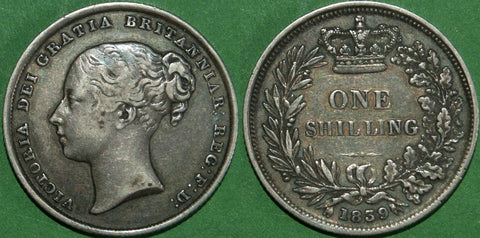 Victoria 1839 second young head shilling with no initials on the truncation. Toned some wear and better than very fine. The price is £75.