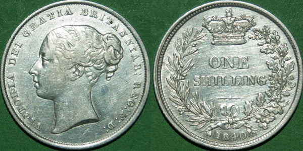 Victoria 1840 second bust shilling with light wear, brushed and very fine to nearly extremely fine. The price is £80.