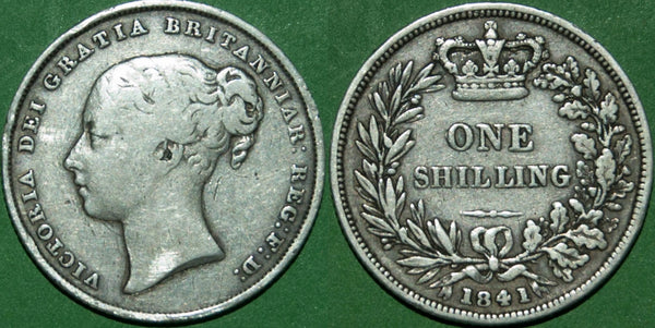 Victoria 1841 shilling with general wear, the reverse better. Grades fine on the obverse, nearly very fine on the reverse. The price is £50.