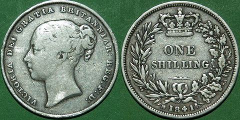 Victoria 1841 shilling with general wear, the reverse better. Grades fine on the obverse, nearly very fine on the reverse. The price is £50.