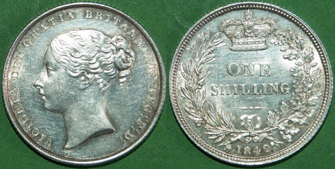 Victoria 1842 second young head shilling with brilliant field, a hint of cabinet friction to a few points and a small mark on the neck. Good extremely fine. The price is £350.