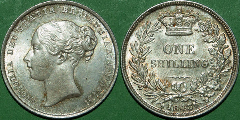 Victoria 1843 shilling. Toned, practically as struck and extremely rare in this condition. The price is £750.