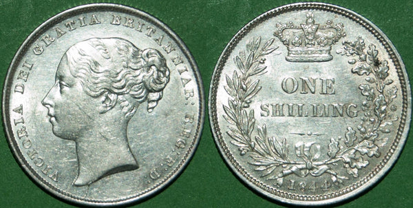 Victoria 1844 shilling with a hint of friction to the reverse only. The obverse is uncirculated, the reverse is good extremely fine. The price is £395.