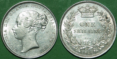 Victoria 1844 shilling with a hint of friction to the reverse only. The obverse is uncirculated, the reverse is good extremely fine. The price is £395.