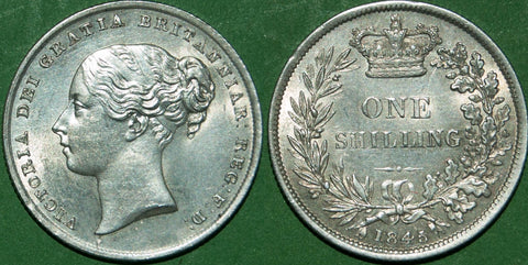Victoria 1845 shilling with a bare trace of cabinet friction only and good extremely fine. The price is £395.
