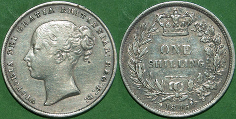 Victoria 1846 shilling with moderate wear and a few contact marks. Grades very fine with the reverse a touch better. The price is £70.