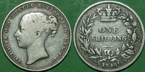 1848 over 6 shilling with general wear. The obverse is fine, the reverse good fine. The price is £85.