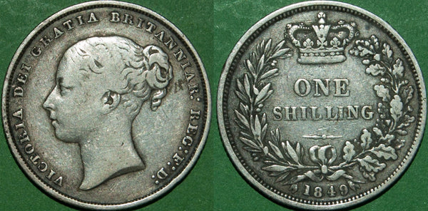Victoria 1849 shilling. General wear, with the obverse fine and the reverse nearly very fine. A scarce date. The price is £40.