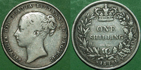 Victoria 1849 shilling. General wear, with the obverse fine and the reverse nearly very fine. A scarce date. The price is £40.