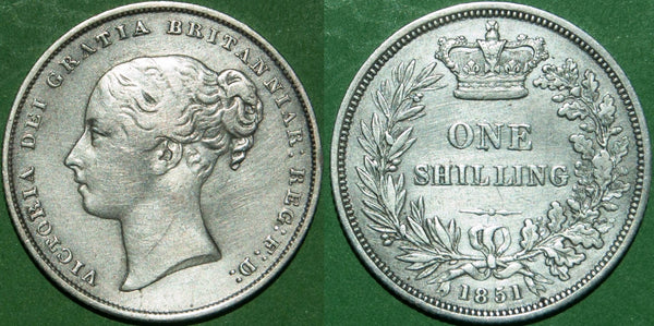 Victoria 1851 shilling. A rare date. Cleaned, the obverse good fine, the reverse very fine. The price is £110.