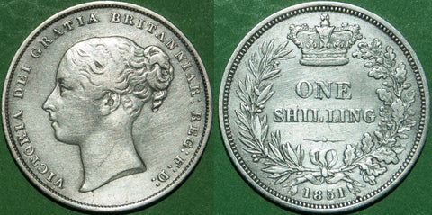 Victoria 1851 shilling. A rare date. Cleaned, the obverse good fine, the reverse very fine. The price is £110.
