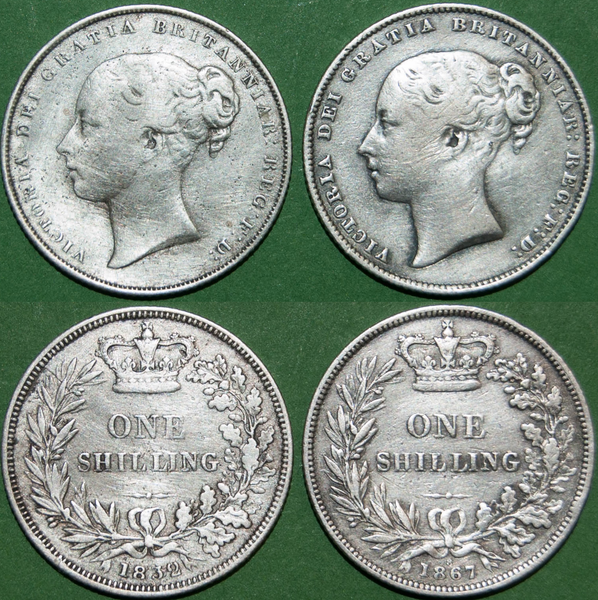 A pair of Victoria second young head shillings dated 1852 and 1867, the latter die number 8. Both harshly cleaned and fine, the second reverse a bit better. Both are scarce. The price for the pair is £35.