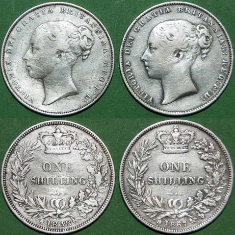 A pair of Victoria second young head shillings dated 1852 and 1867, the latter die number 8. Both harshly cleaned and fine, the second reverse a bit better. Both are scarce. The price for the pair is £35.
