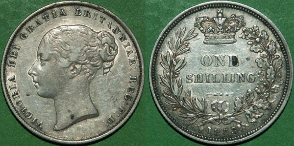 Victoria 1853 shilling. Toned with a couple of spots and the obverse lightly brushed.  Grades good very fine. The price is £100.