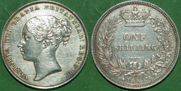 Victoria 1853 shilling with minimal wear and a few tiny contact marks to the neck. The coin has been dipped and is bright, though starting to retone.  Grades better than extremely fine and the price is £200.