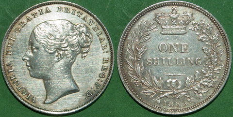 Victoria 1853 shilling with minimal wear and a few tiny contact marks to the neck. The coin has been dipped and is bright, though starting to retone.  Grades better than extremely fine and the price is £200.