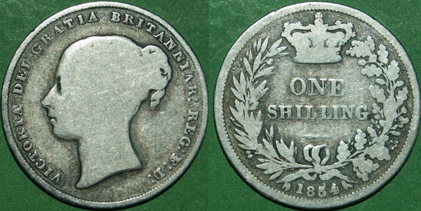 Victoria 1854 over 1 shilling. Worn and only fair to nearly fine, but extremely rare. The price is £250.