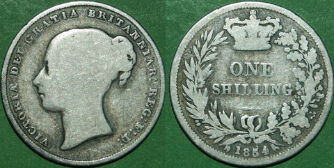 Victoria 1854 over 1 shilling. Worn and only fair to nearly fine, but extremely rare. The price is £250.