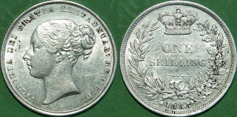 Victoria 1855 young head shilling with minimal wear  and grades extremely fine. There are deposits in the lettering and it has been lightly cleaned. The price is £160.